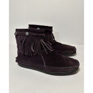 MINNETONKA Purple Suede Leather Fringe Moccasin Ankle Bootie Zip Round Toe Sz 7